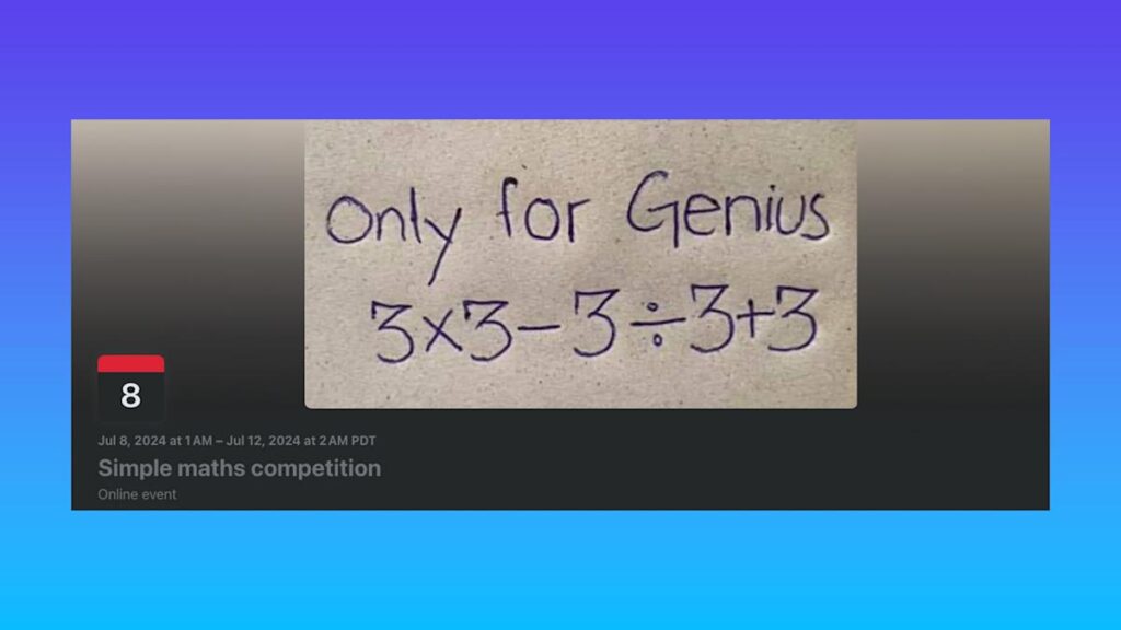 A fake Facebook event in disguise of math problem has been a high post for 6 months A fake Facebook event in disguise of math problem has been a high post for 6 months